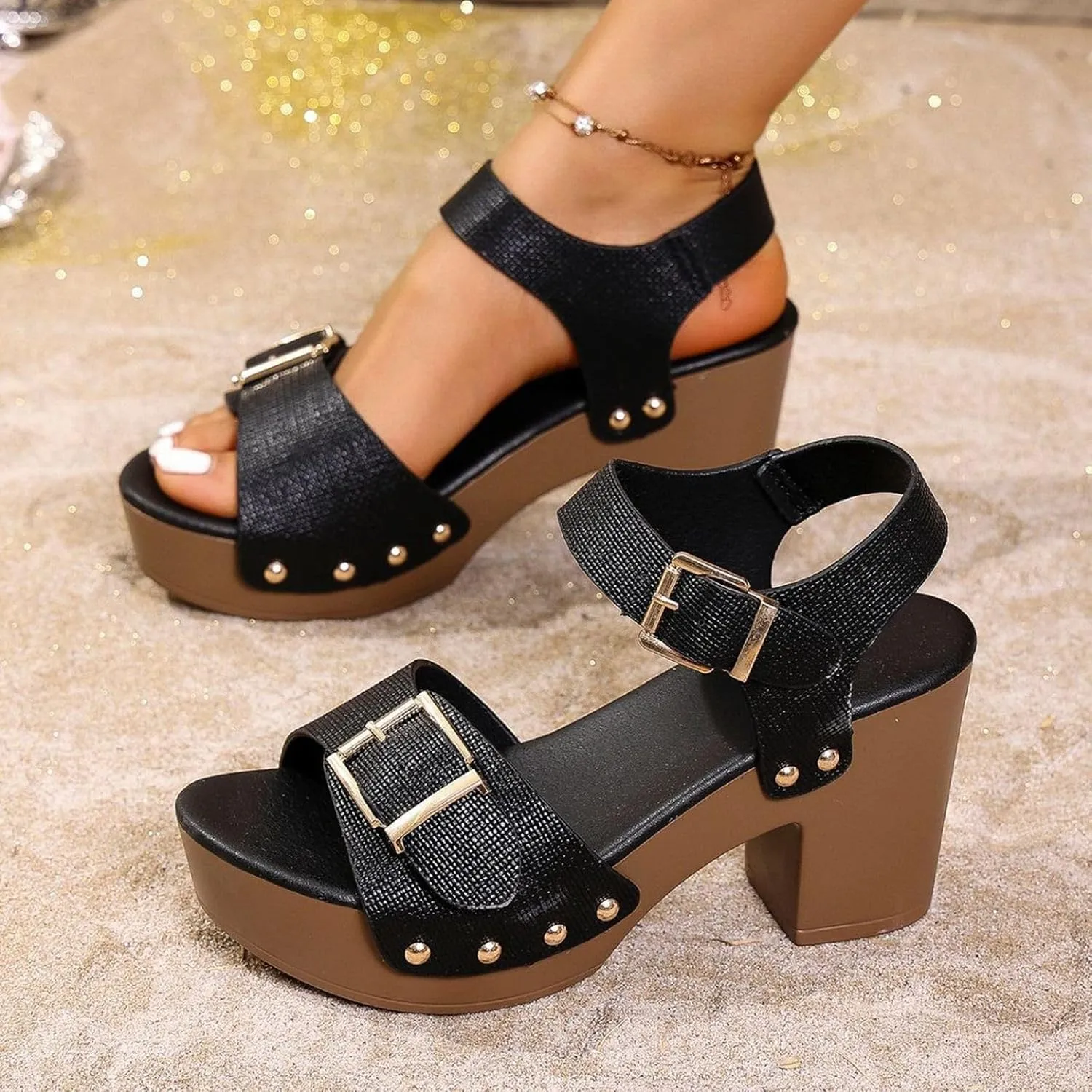 Women's Sayer Faux Wood Sandal  Comfort Foam & LiteSole Technology Womens Dress Sandals for Wedding