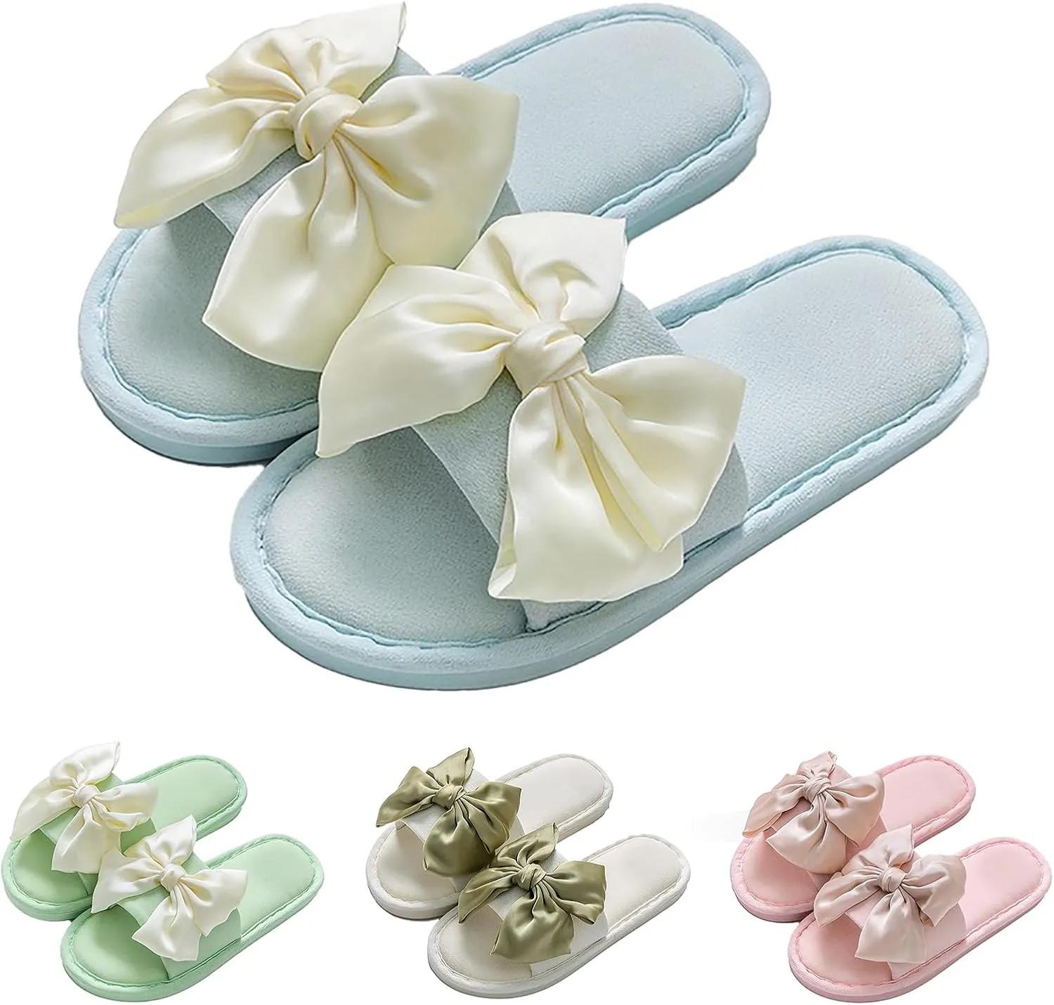 Women's Slides Sandals Comfortable Bow Knot Beach Slippers Casual Summer Flats Non-Slip House Slippers Fashion Round Open Toe Sandals Ladies Trendy Bedroom Slipper
