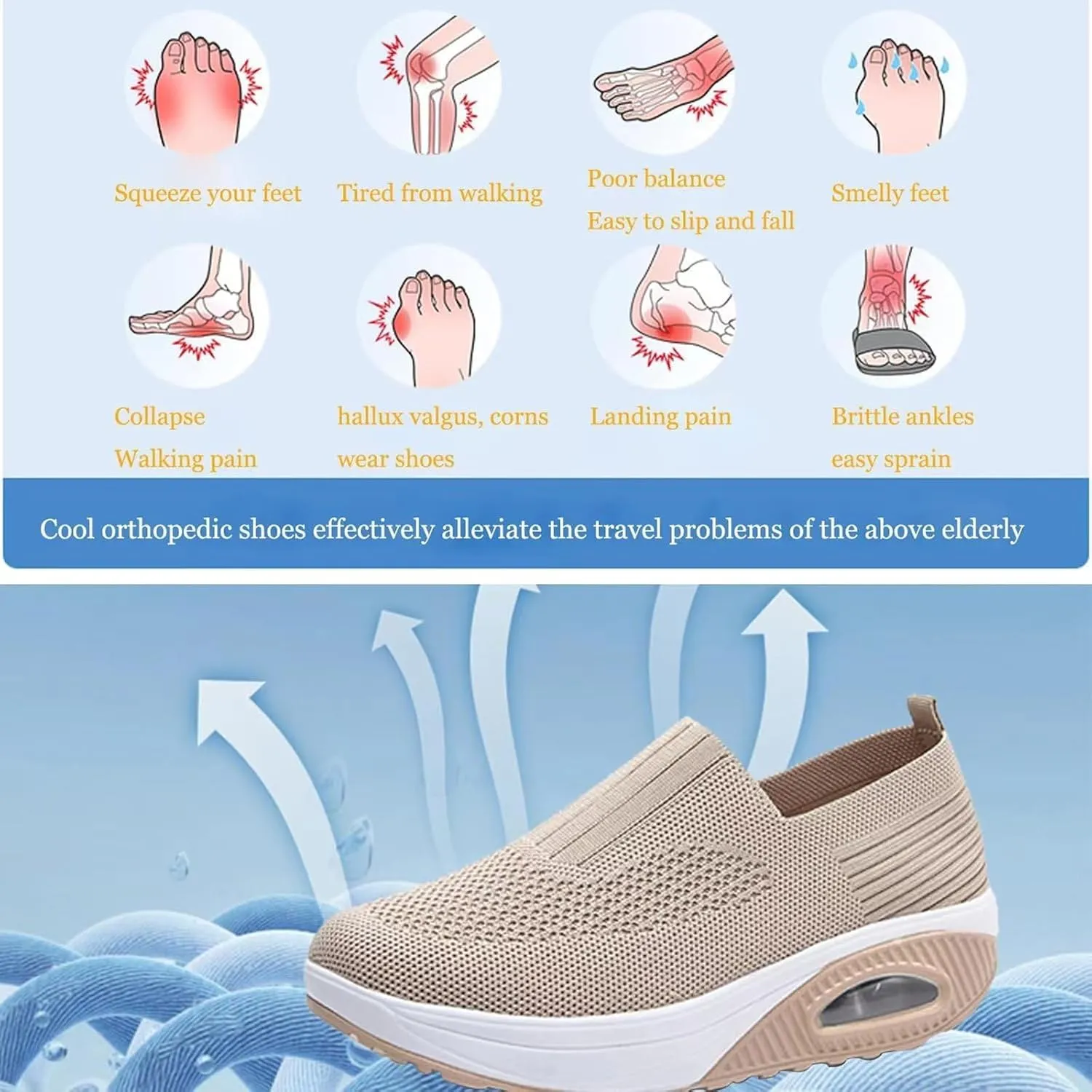 Women's Summer Sneakers Air Cushion Mesh Diabetic with Soft Comfortable Arch Support Waterproof Walking Trainers Orthopedic Slip-on Platform Sports Shoes