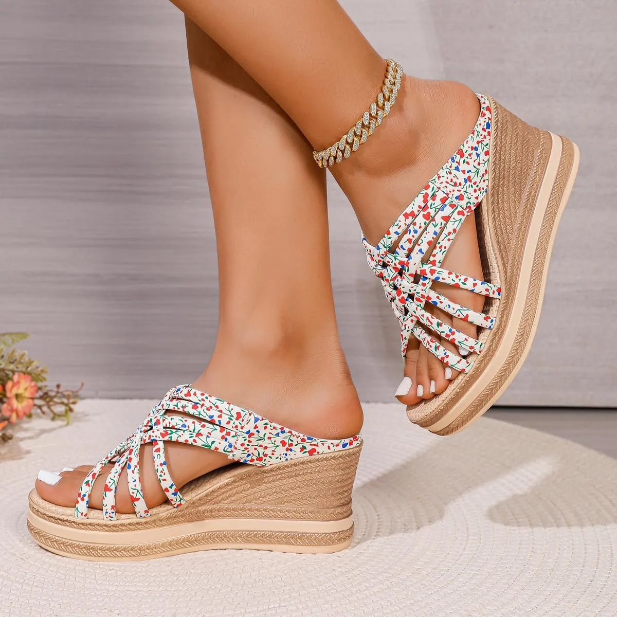 Womens' Wedge Platform Sandals Slip on Floral Printed Slingback Ankle Strap Platform Sandals for Women Casual Summer
