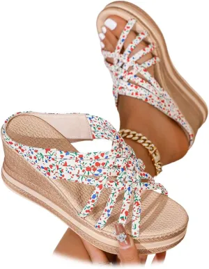 Womens' Wedge Platform Sandals Slip on Floral Printed Slingback Ankle Strap Platform Sandals for Women Casual Summer