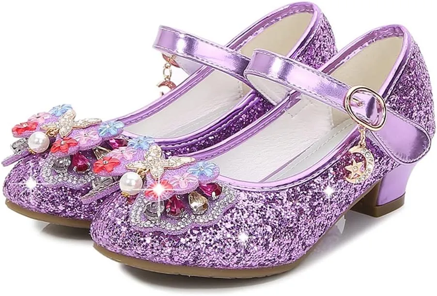 YING LAN Girls Cosplay Dress Wedding Party Shoes Glitter Sequins Low Heel Mary Jane Princess Shoes